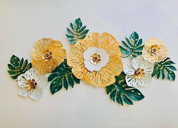 Image of Metal Flower Wall Art - Green Leaves & White Flowers with Gold Accents