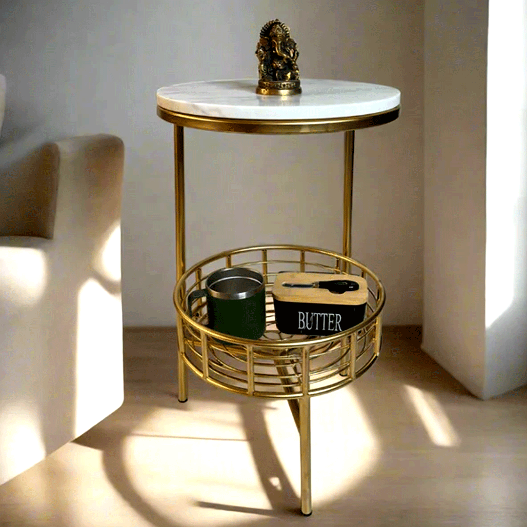 Image of Modern Round Coffee Table with Natural Marble Top & Gold Metal Base