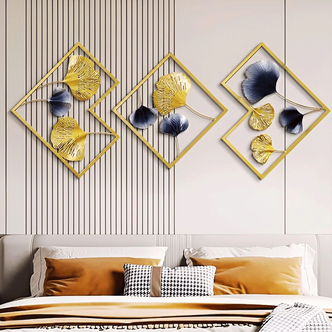 Image of Decorative Metal Wall Art - Gold Frame Gingko Wall Sculpture Set of 3