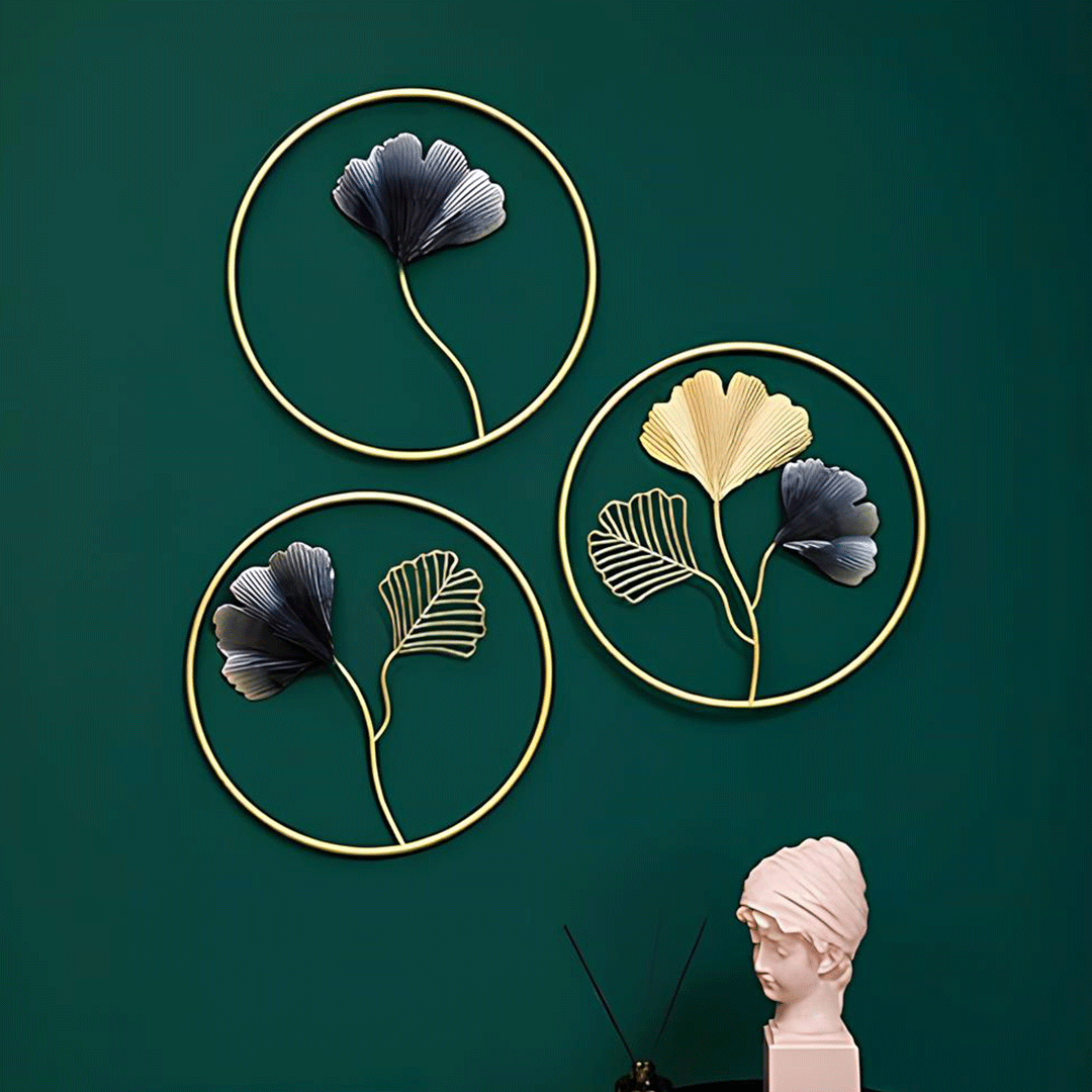 Image of Golden & Blue Circular Wall Art - Set of 3 with Floral Design