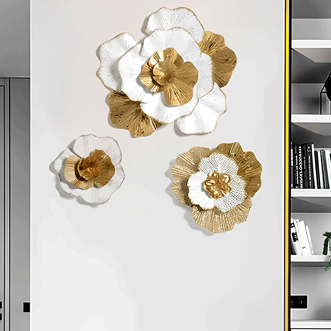 Image of White & Golden Flower Metal Wall Art - 3D Luxury Wall Decor