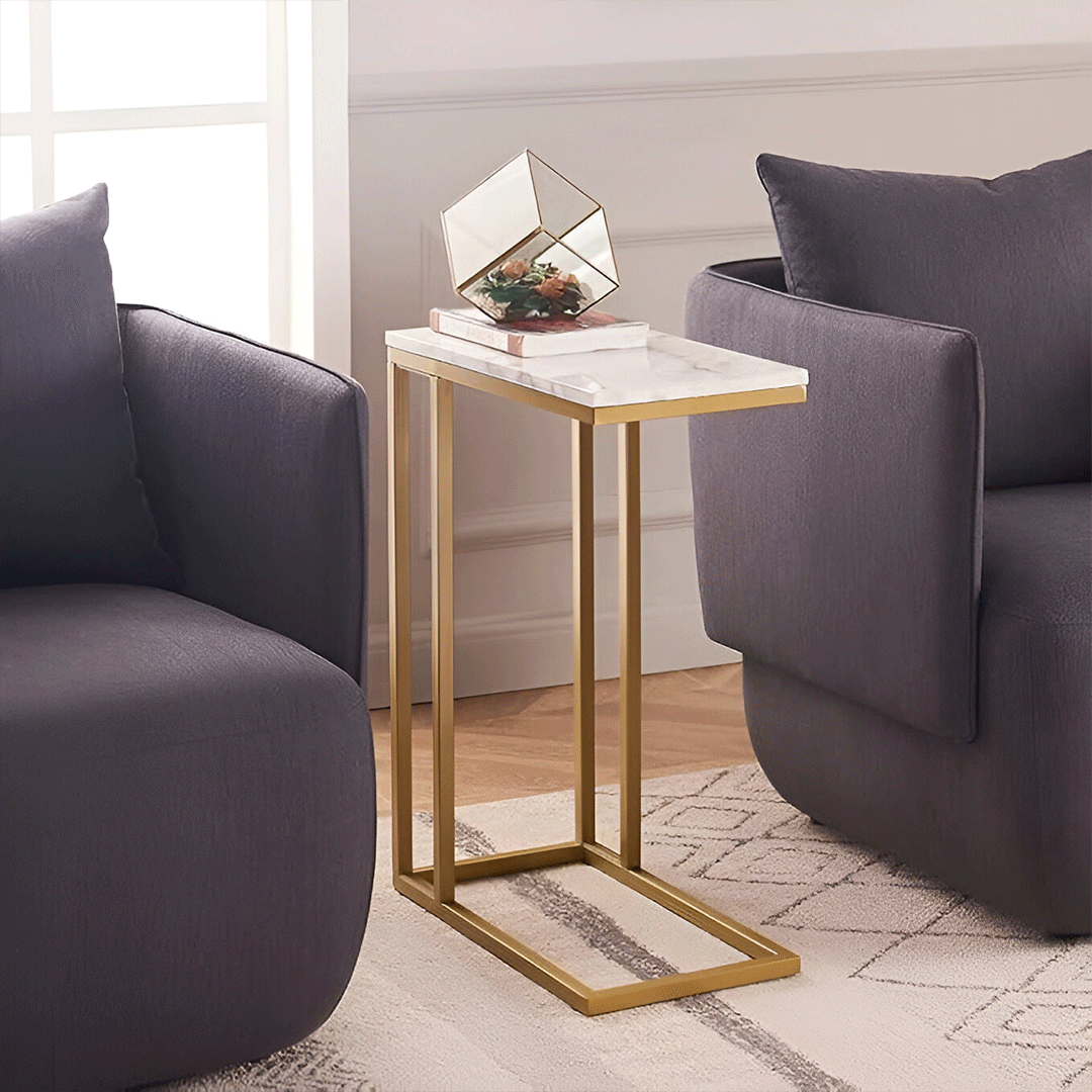 Image of Rectangle Side Table with Iron Natural Marble Top - Golden Metal Frame
