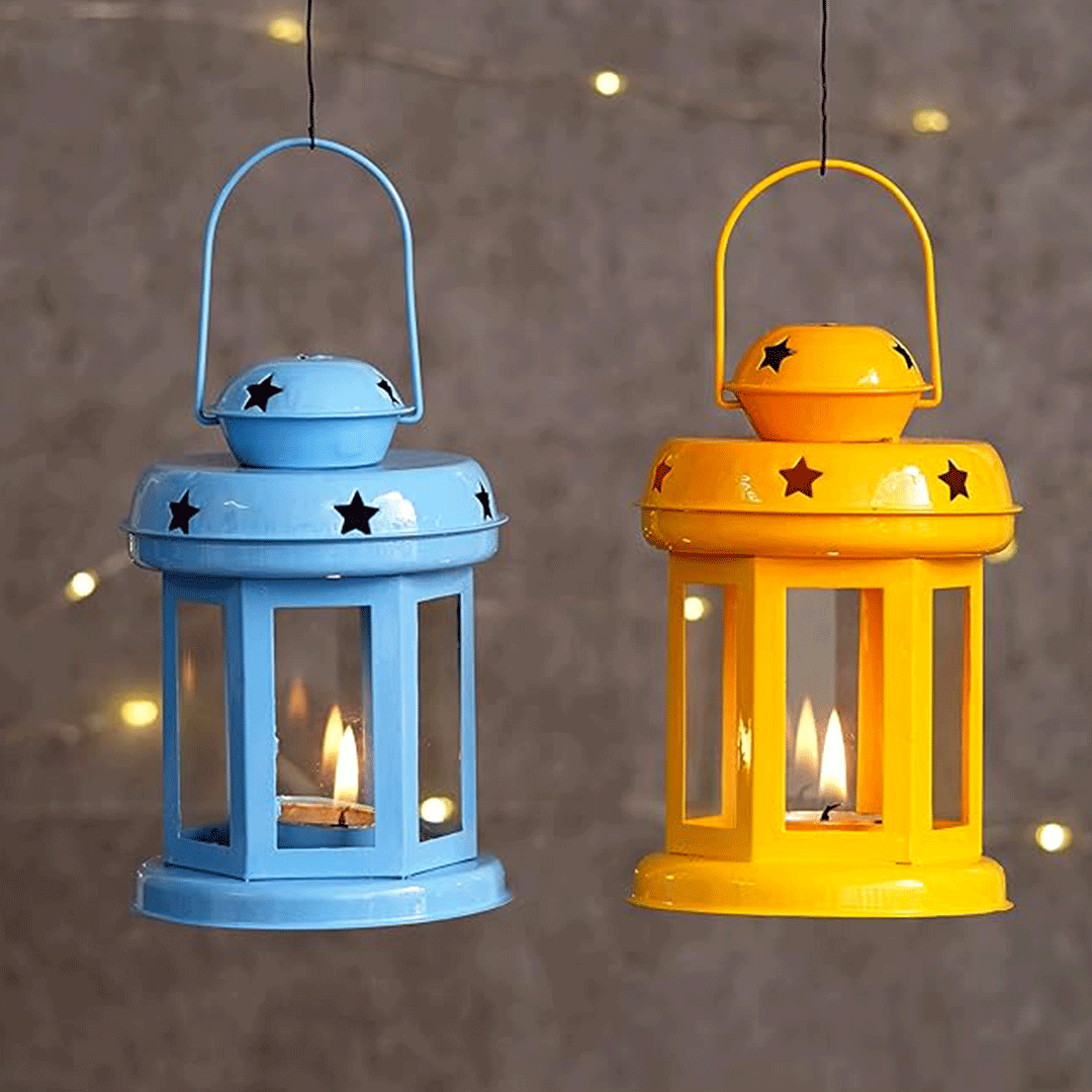 Image of Decorative Hanging Lantern Tealight Holder (Yellow, Blue, Pack of 2)