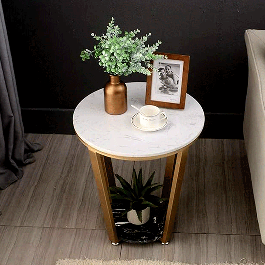 Image of Solid Tube Metal End Table with Natural Marble Top - With 2 Shelves