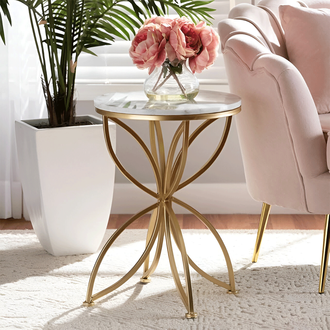 Image of Modern Round Side Table with Flower Design - Golden & White, Accent Coffee Table
