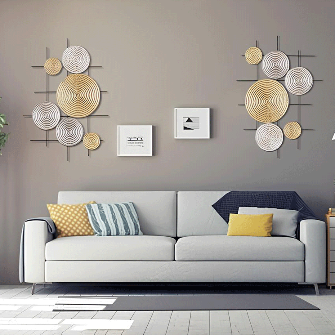 Image of Golden & Beige Circle Wall Art with Iron Stands - Set of 2 Modern Geometric Decor