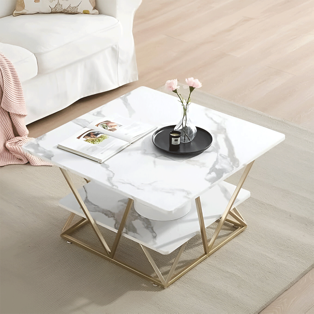 Image of Luxurious White Natural Marble Square Table with 2 Shelves - Coffee Table with Storage