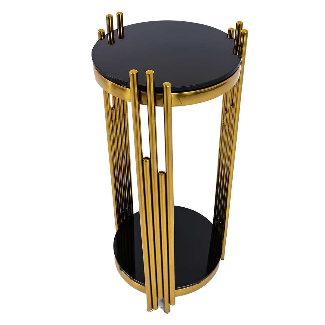 Image of Black Natural Marble Top Round Side Accent Table with 2 Shelves