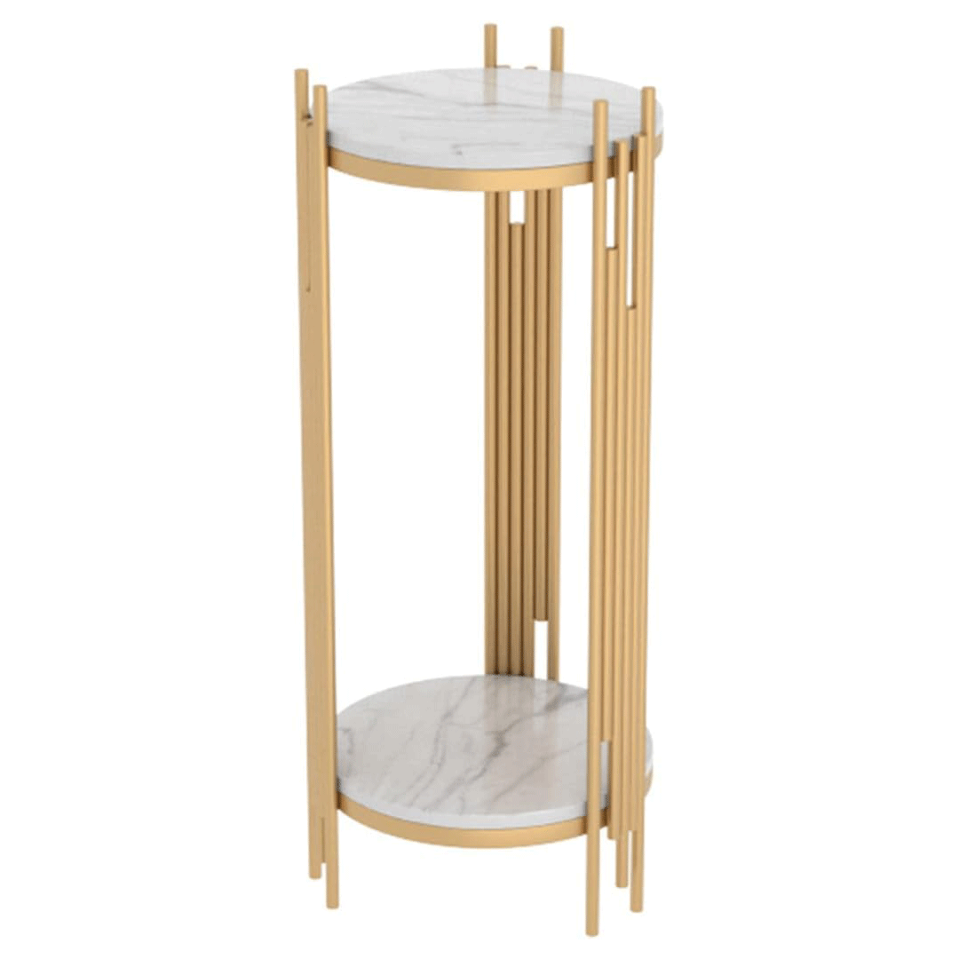 Image of Natural Marble Top Round Side Table with 2 Shelves - Compact Plant Display Stand