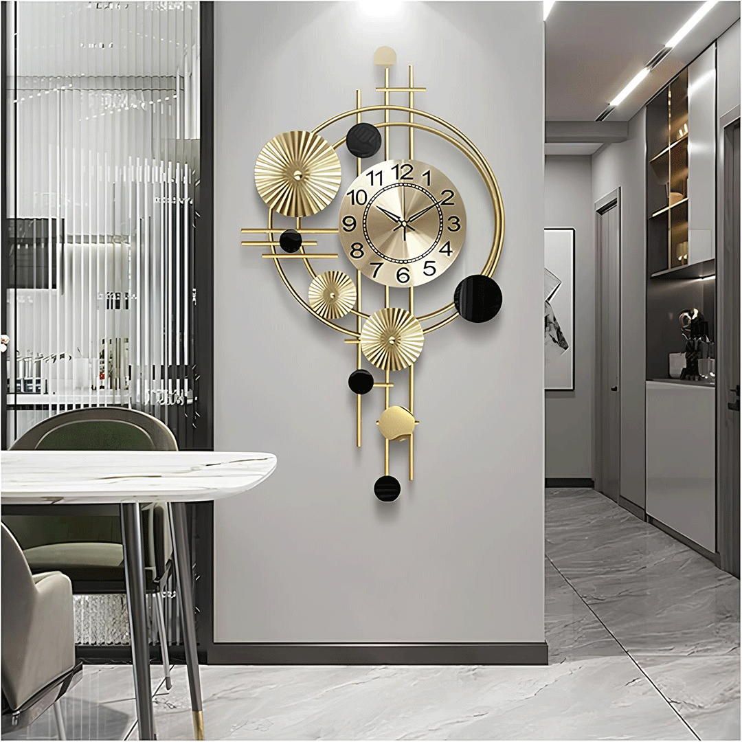 Image of Metal Hanging Wall Clock - Golden and Black Analog