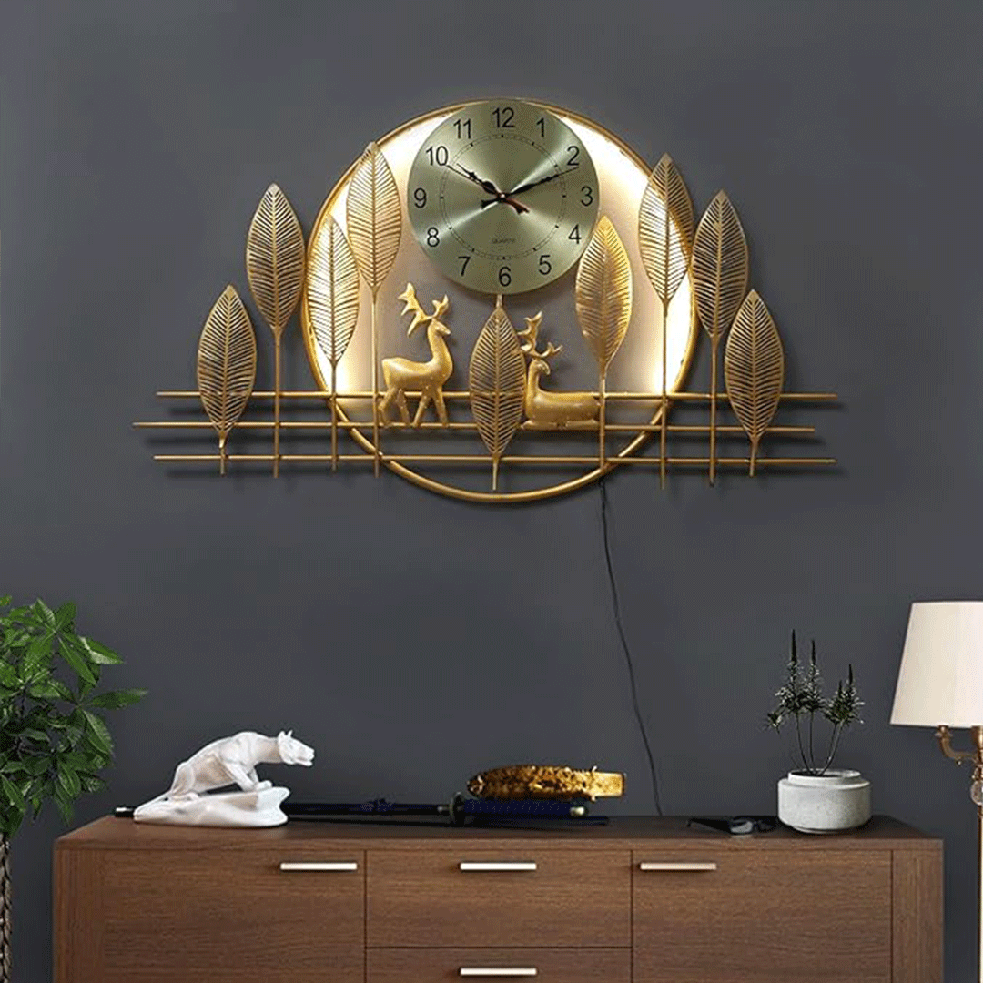Image of Luxury Metal Wall Clock with 3D Golden Deer and Leaf Design - LED-Backlit