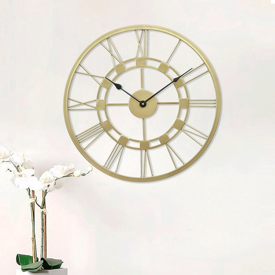 Image of Classic Round Golden Metal Roman Numeral Wall Clock - Silent Analog Clock