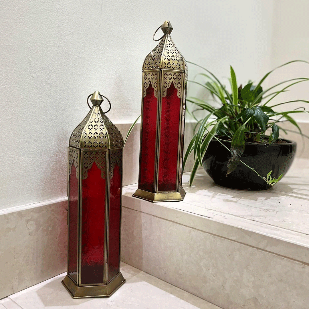 Image of Lantern Arabic Embossed Glass, Moroccan Metal Candle Holder