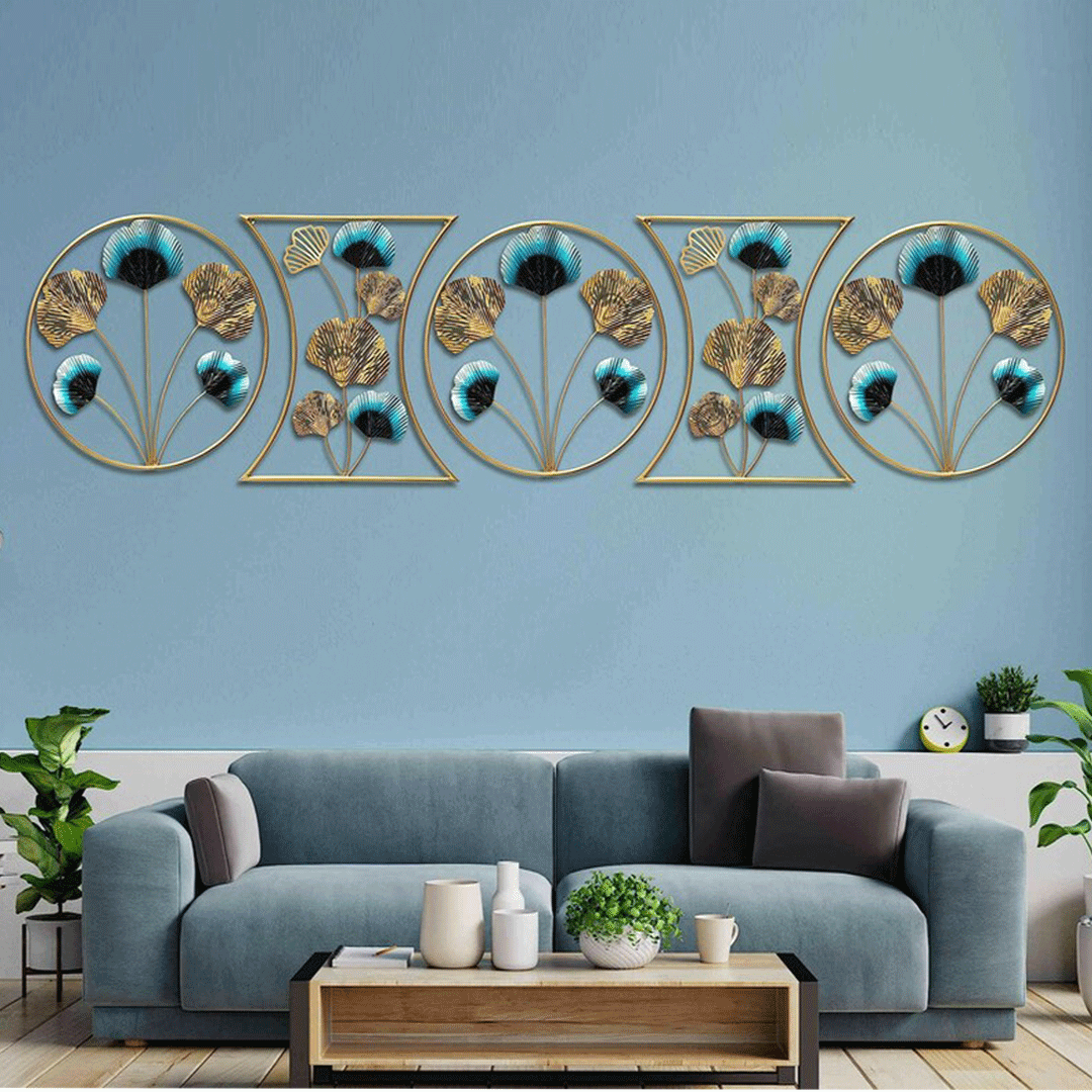 Image of Golden & Blue Circular and Curved Rectangle Flower Wall Art - Set of 5