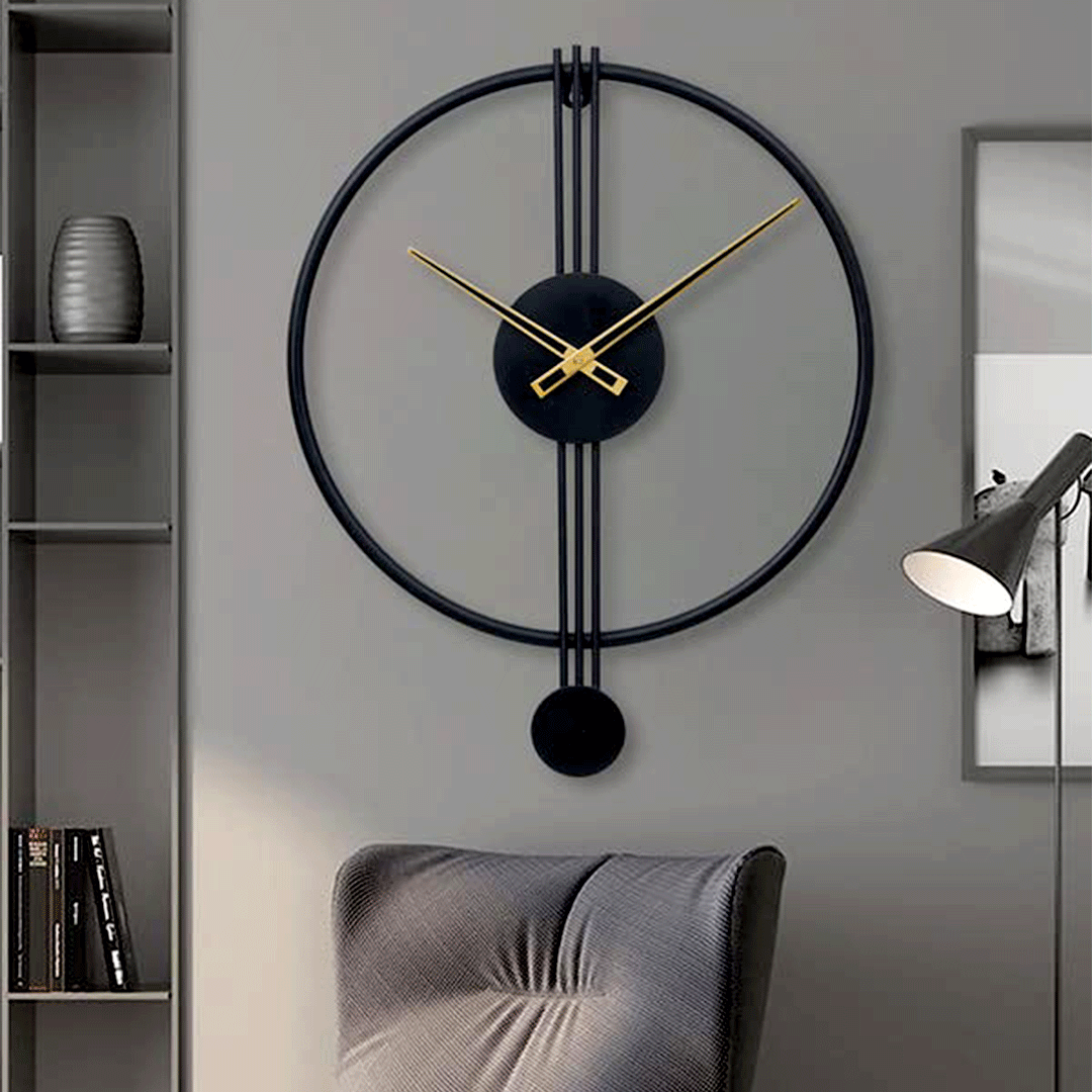 Image of Elegant Round Metal Case Analog Wall Clock - Black with Golden Needles