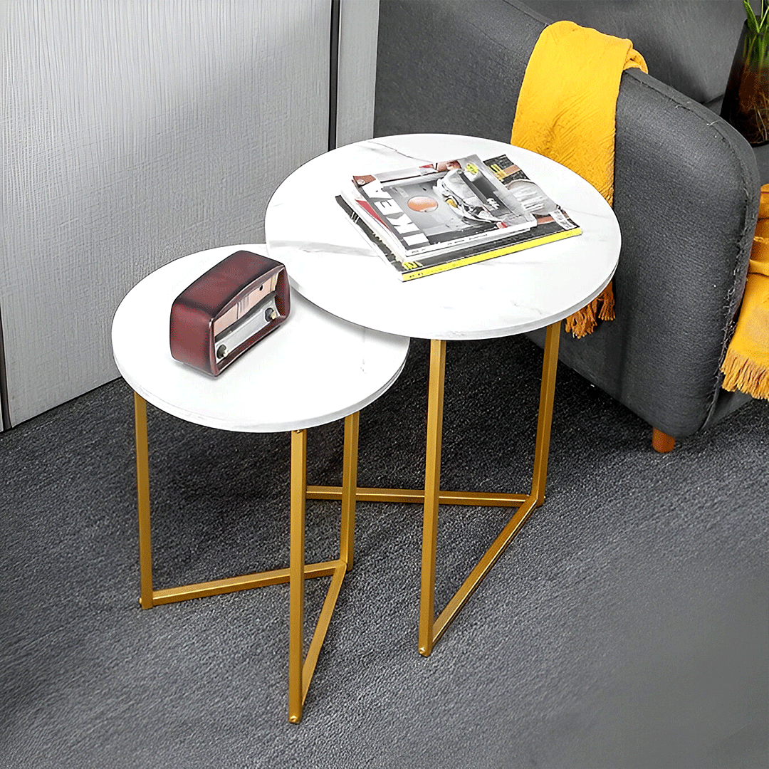 Image of Gold Metal Frame Nested End Tables with Natural Marble Tops, Set of 2
