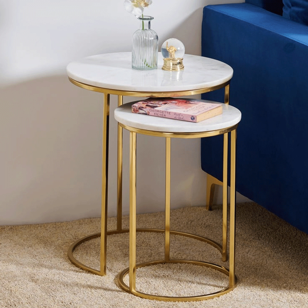 Image of Natural Marble Top Nest of 2 Tables - Gold Metal Frame