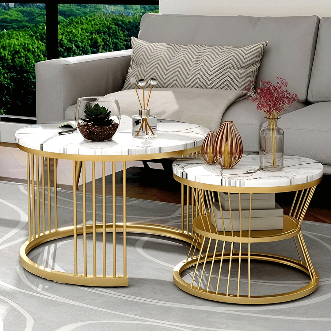 Image of Nesting Coffee Table Set - Round Natural Marble Top, Metal Frame