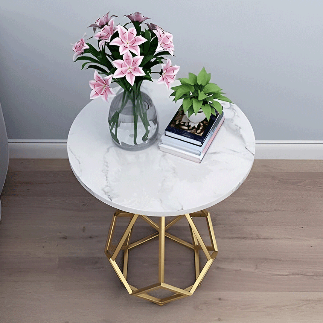 Image of Natural Marble Decorated Metal Round Table - White Natural Marble Top, Gold Base