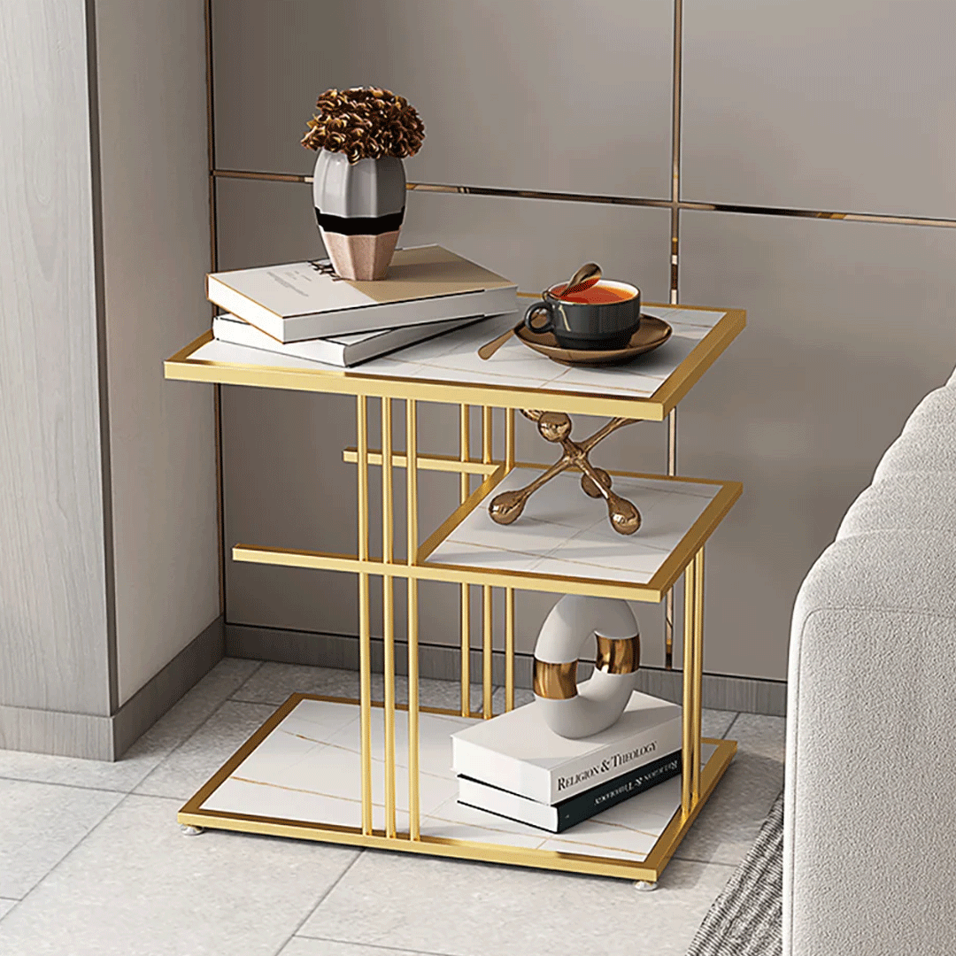 Image of Metal Bedside Table with Gold Finish With 3 Shelves
