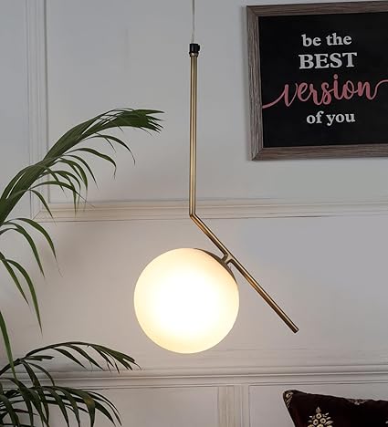 Image of Gold Curved Pendant Light with Bulb – Modern Hanging Ceiling Light