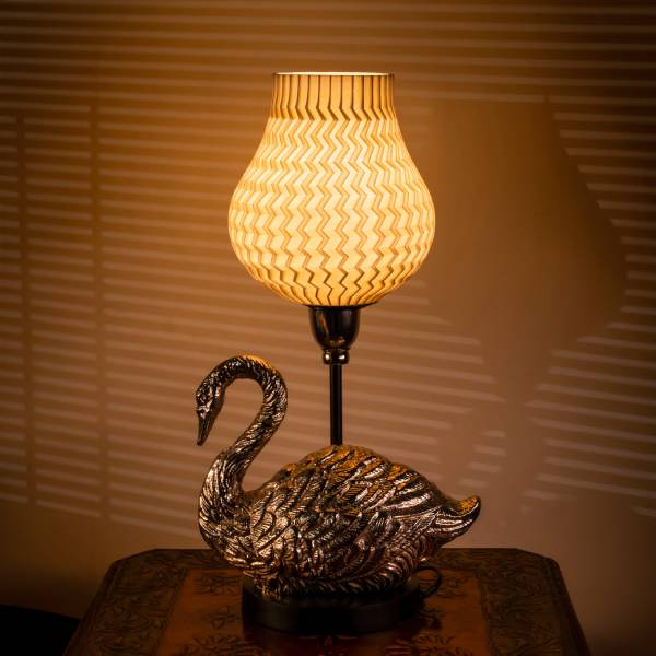 Image of 3D Printed Wave Swan Table Lamp Shade - Pearl White with Silver Finish, LED Bulb Included