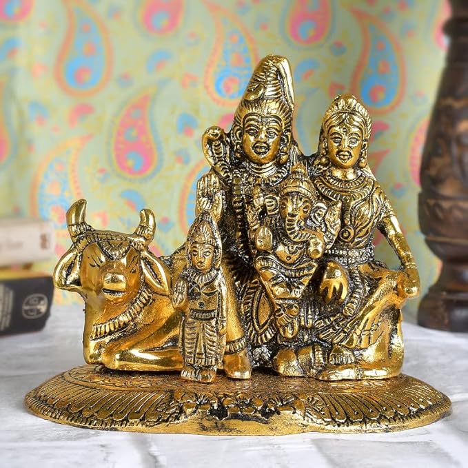 Image of Shiva Parvati Ganesh Idol - Shiv Parivar Sitting on Nandi Stoneware Showpiece for Home, Office & Temple Décor