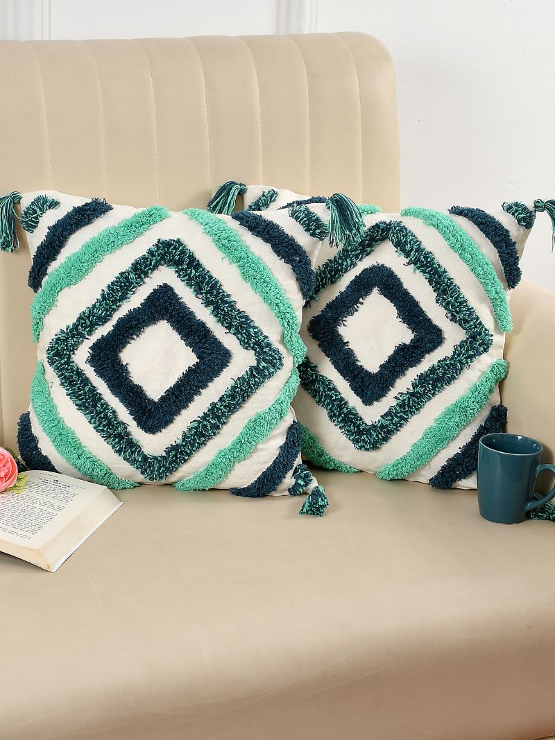 Image of Handcrafted Cotton Cushion Covers – Set of 2 (Green Diamond)