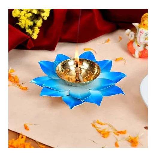 Image of Handcrafted Blue Lotus Diya – Elegant Pooja Oil Lamp for Home & Temple