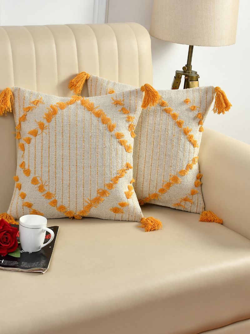 Image of Handcrafted Pit Loom Cotton Cushion Covers – Set of 2 (Yellow)