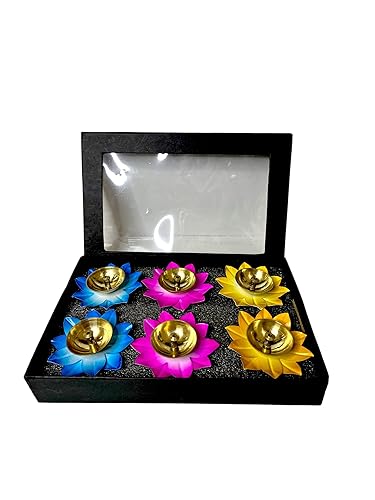 Image of Set of 6 Lotus  Diyas  – Handcrafted Metal Oil Lamps with Gift Box