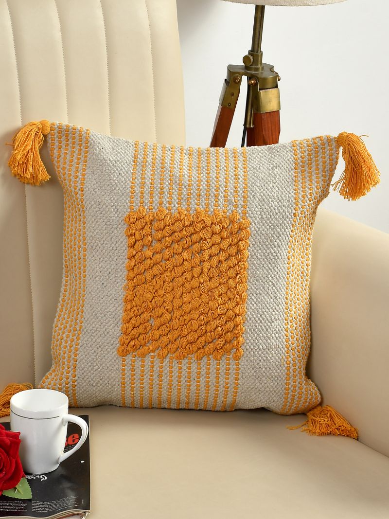 Image of Handcrafted Pit Loom Embroidered Cotton Cushion Covers – Set of 2 (Yellow)