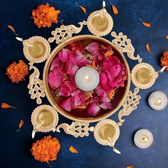 Image of Gold Look Metal Urli with 5 Diyas & Peacock Floral Design – Traditional Decorative Bowl