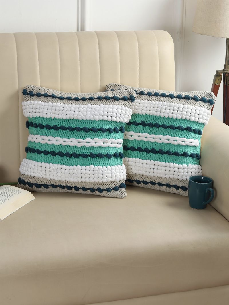 Image of Handcrafted Pit Loom Cotton Cushion Covers – Set of 2 (Green)