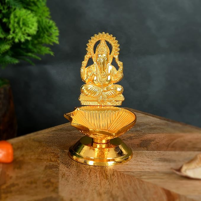 Image of Golden Metal Handcrafted Lord Ganesha Diya – Decorative Diwali Diya