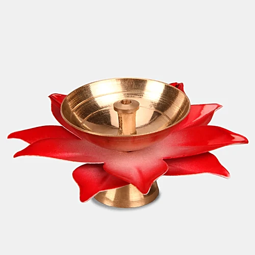 Image of Handcrafted Red Lotus Diya – Elegant Pooja Oil Lamp for Home & Temple