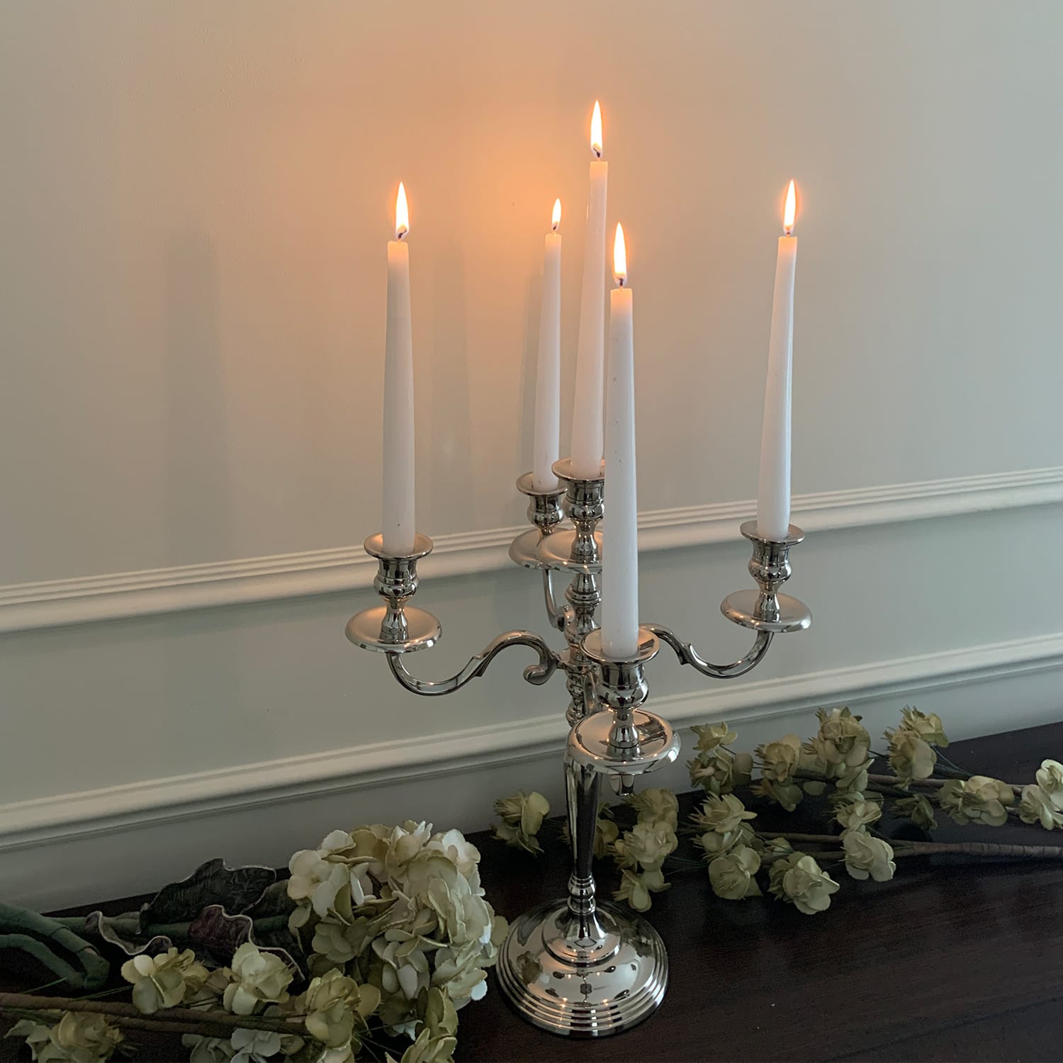 Image of 5-Light Candelabra in Shiny Nickel Finish – Elegant Metal Candle Stand