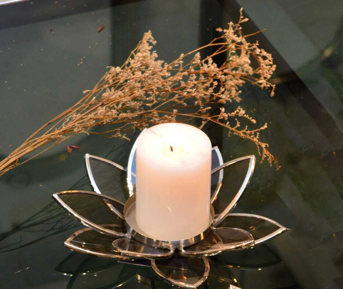 Image of Lotus Candle Holder in Nickel Finish – Brass & Glass Decorative Stand