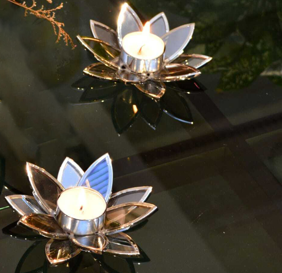 Image of Lotus T-Light Holder in Nickel Finish – Brass & Glass Candle Stand