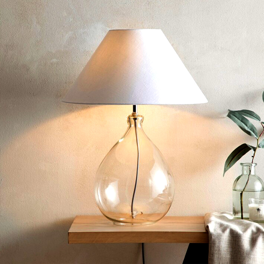 Image of Glass Table Lamp - Clear Glass Base with Off-White Cotton Shade