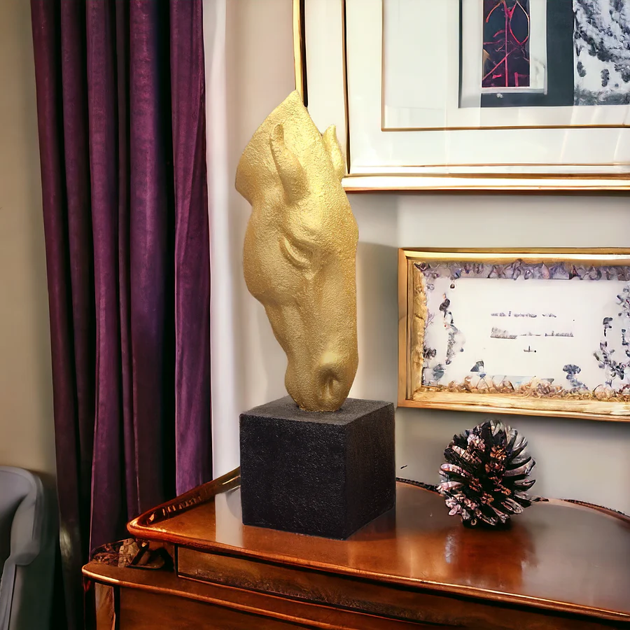 Image of Horse Head Texture Artifact – Gold & Grey Decorative Sculpture