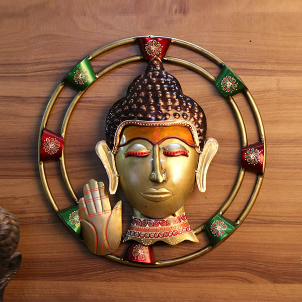 Image of Hand Painted Buddha Frame for Home Vastu - Round Metal Wall Art