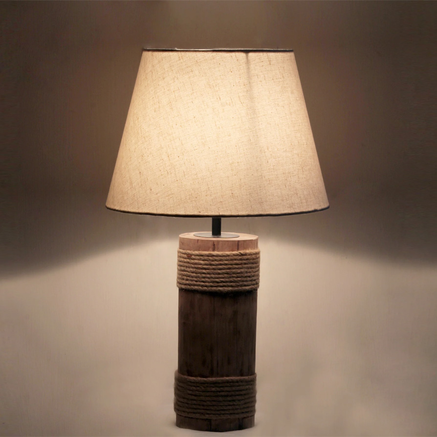 Image of Shaft Wood Table Lamp - Natural Wood Base with Beige Jute Shade